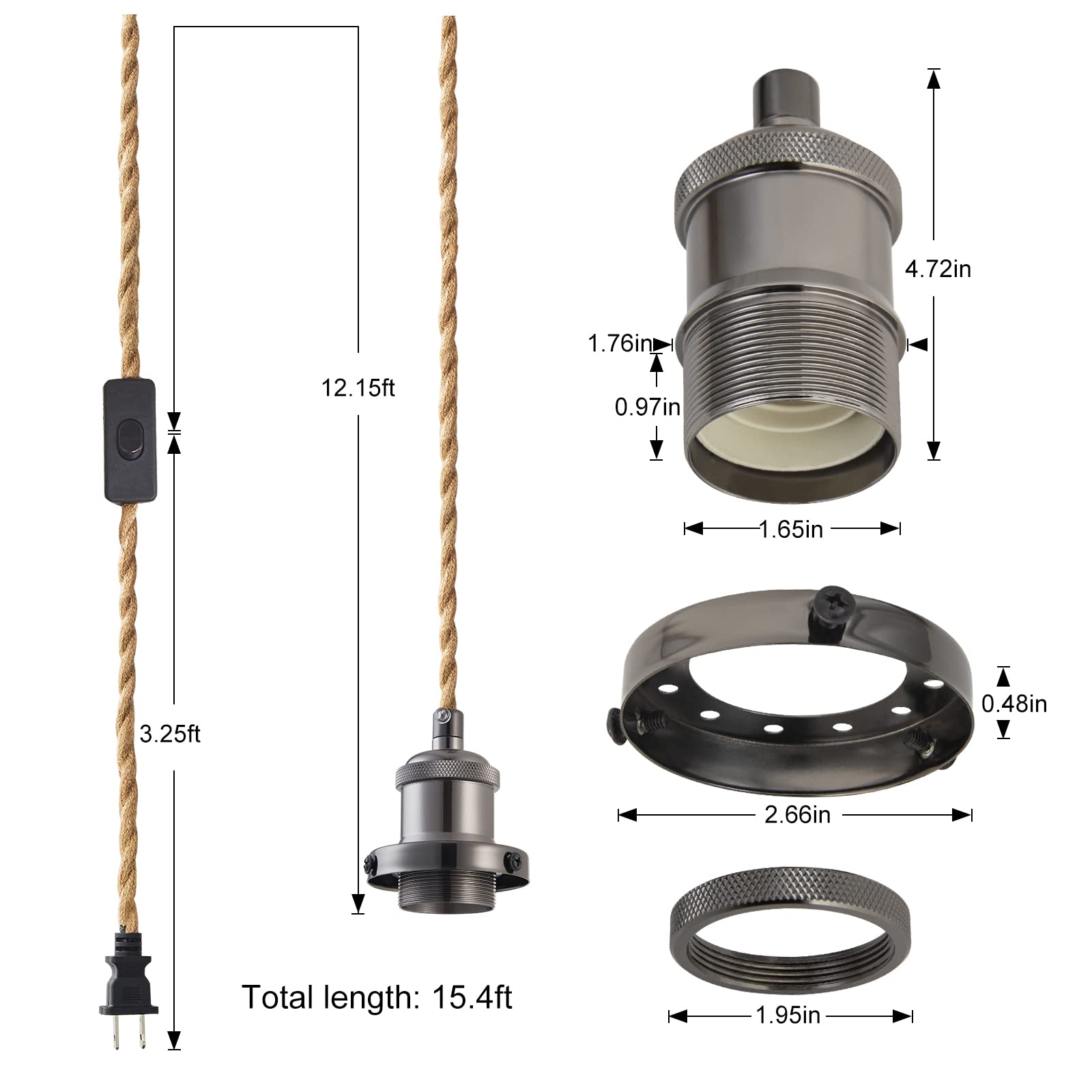 GNOLAK Pendant Light Cord Kit, 15.4ft Industrial E26 Socket, Hemp Rope, Pearl Black, Model CTMSTD, Plug-in with Switch