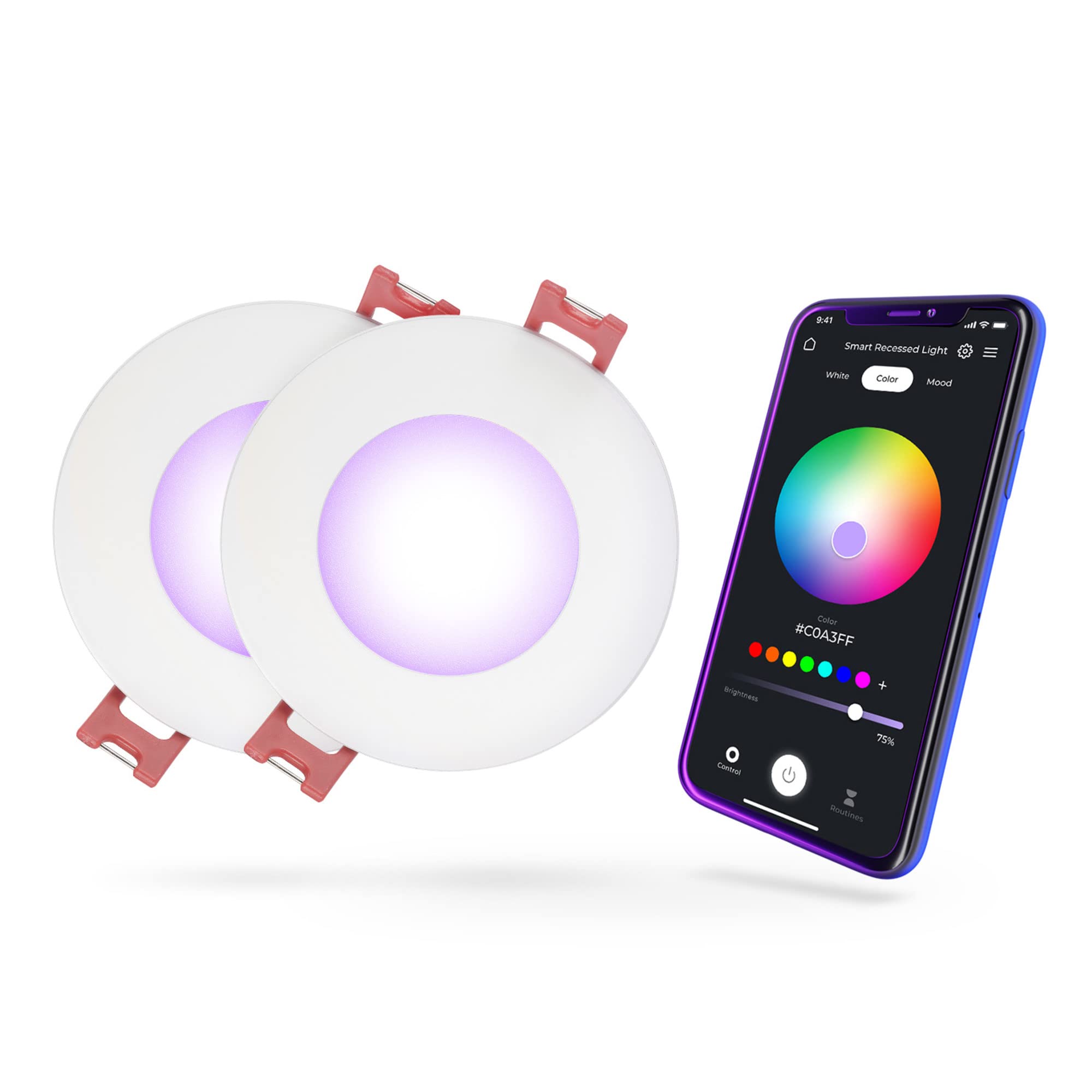 Globe Electric 50466 Wi-Fi Smart 3 Ultra Slim LED Recessed Lighting Kit 2-Pack, No Hub Required, Voice Activated, 7 W, Multicolo