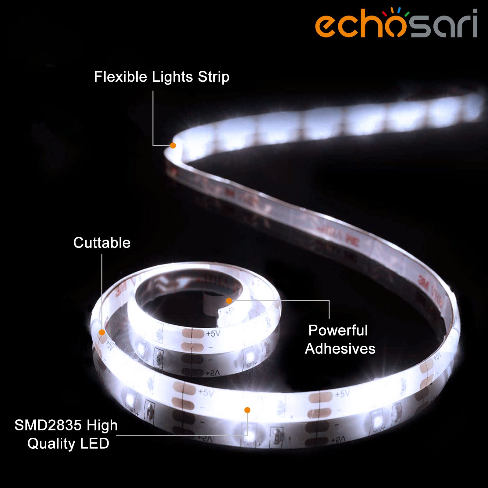 echosari Battery Operated LED Strip Lights, 3m, 90 LEDs, Cool White, Dimmable, Remote, 8 Modes, Self-Adhesive, Cuttable