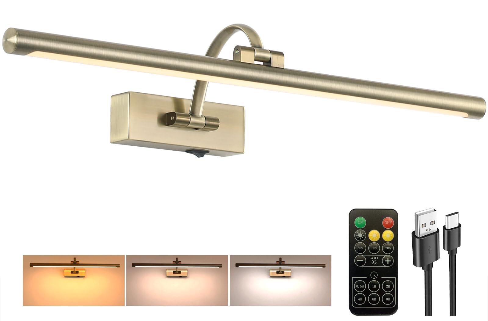 Tassuowell Antique Bronze Picture Light, 23.6 Inch, Remote Control, Dimmable, Rechargeable, Model 7115