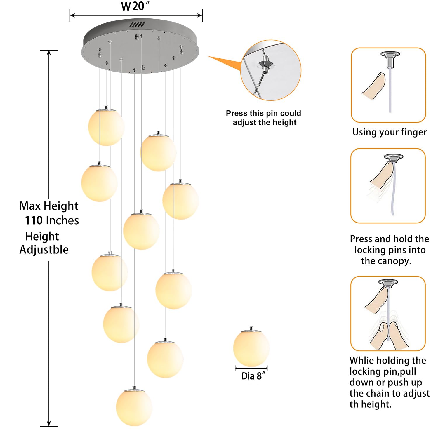 ykolupty LED Staircase Chandelier, 10-Light Flush Mount Pendant Light, Chrome Finish, White Glass for High Ceilings, Foyer & Living Room