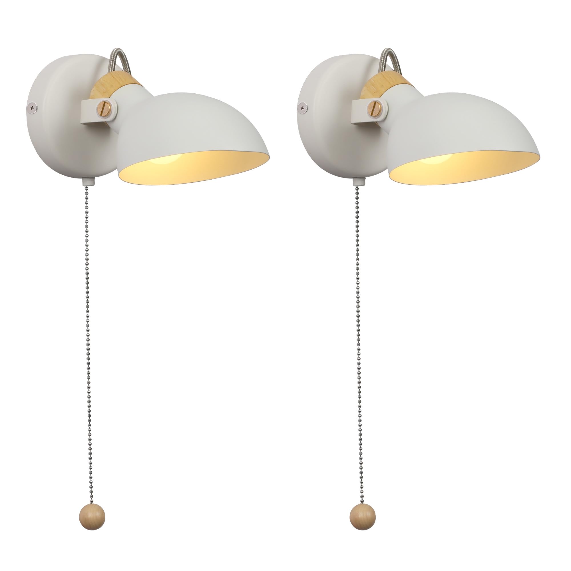 Aisilan Wooden Wall Sconce Set of 2, White E12 Bulb Bedroom Rotatable Wall Light with Pull Chain Switch for Living Room,Reading