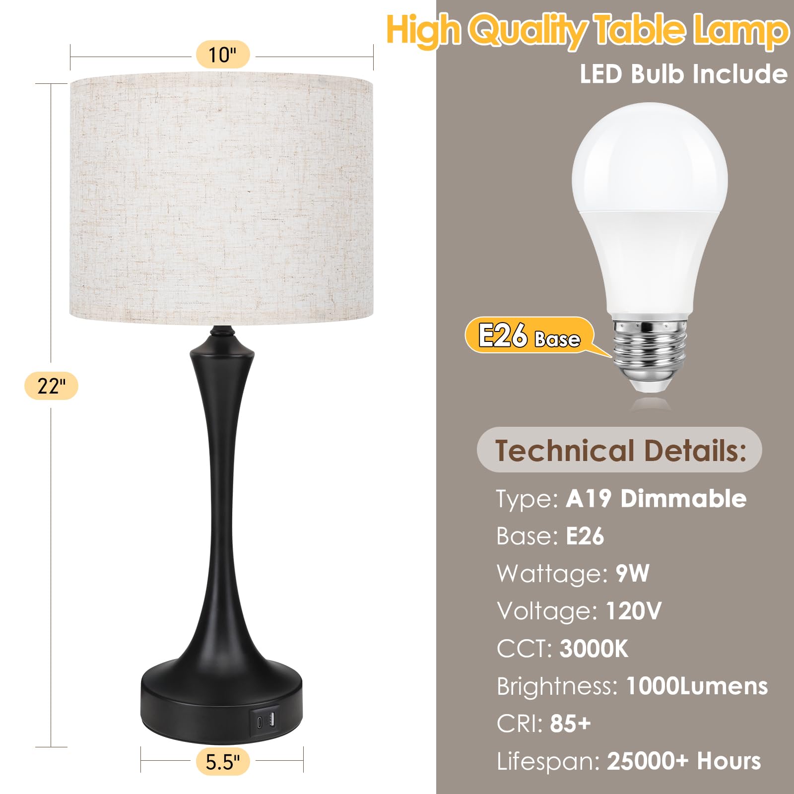 Ggoying 22    Set Of 2 Touch Control Table Lamp With Usb A+C Ports, 3-Level Dimmable Bedside Lamp With Fabric Lampshade, 3000K L