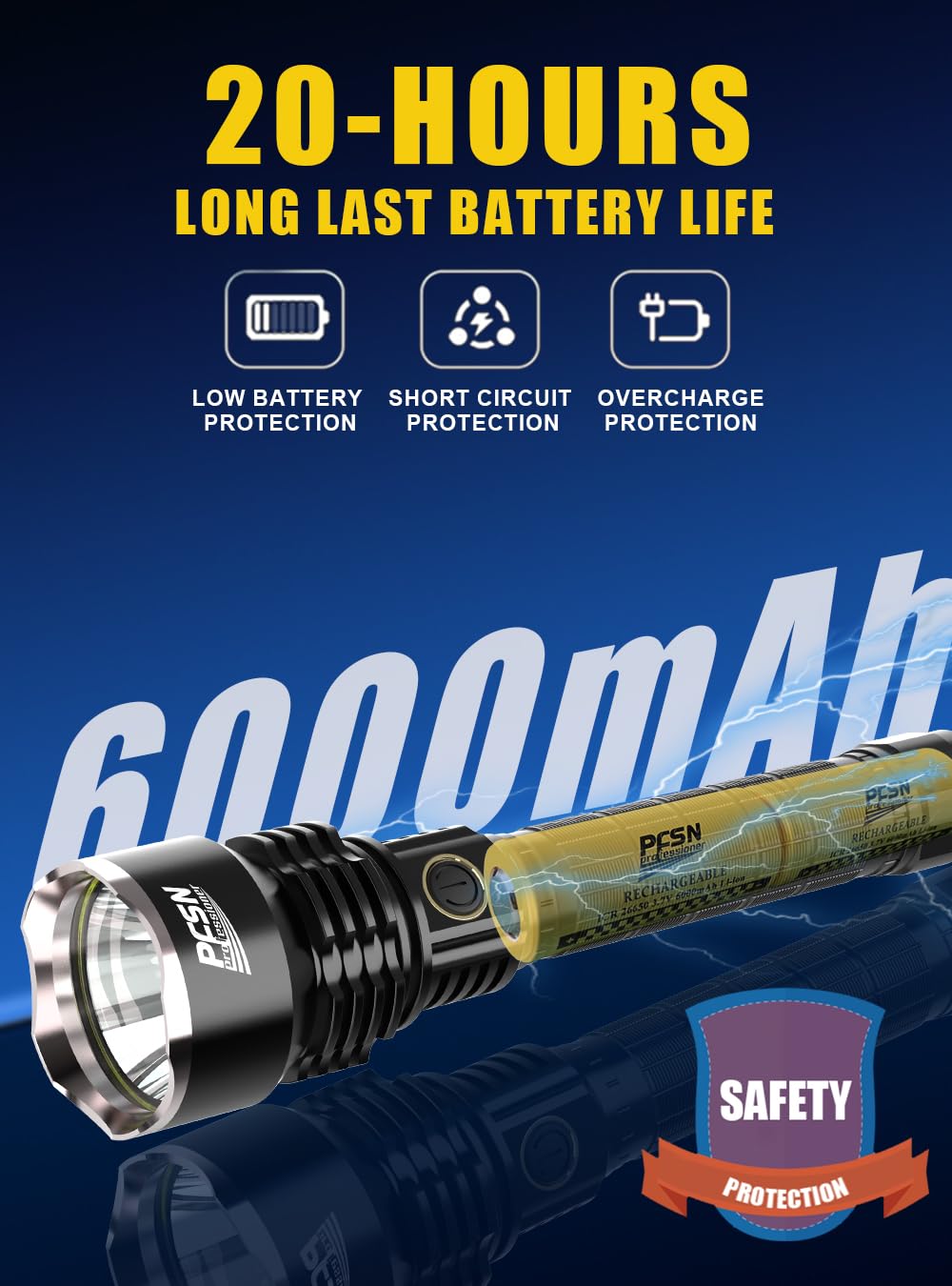 PFSN 6000LM Rechargeable Tactical Flashlight - IPX65 Waterproof, 400M Range, Anodized Aluminum, 20Hrs Long Lasting, Model FBA-TCP
