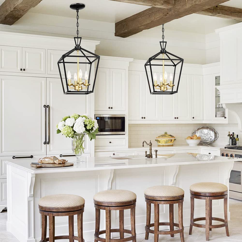 Untrammelife 4-Light Lantern Pendant Light Metal Large Black and Brushed Brass Adjustable Chain Chandelier Model 747301833578