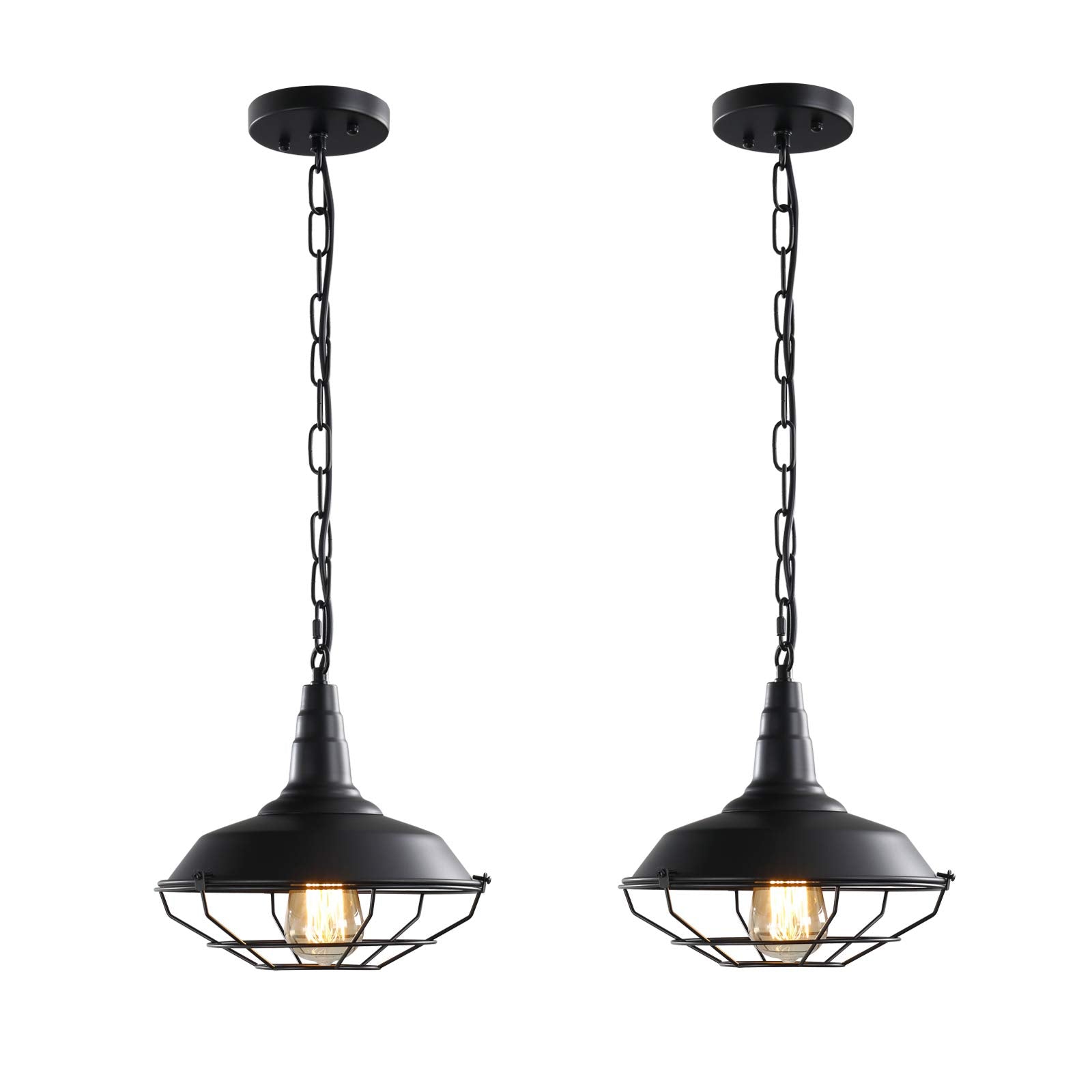 Ushe Dhome Industrial Pendant Lights 2 Pack Farmhouse Pendant Lights With Adjustable Chain, D10.2 Rustic Pendant Lighting Barn Black Metal Hanging Lights With Wire Cage For Kitchen Island Dining Room