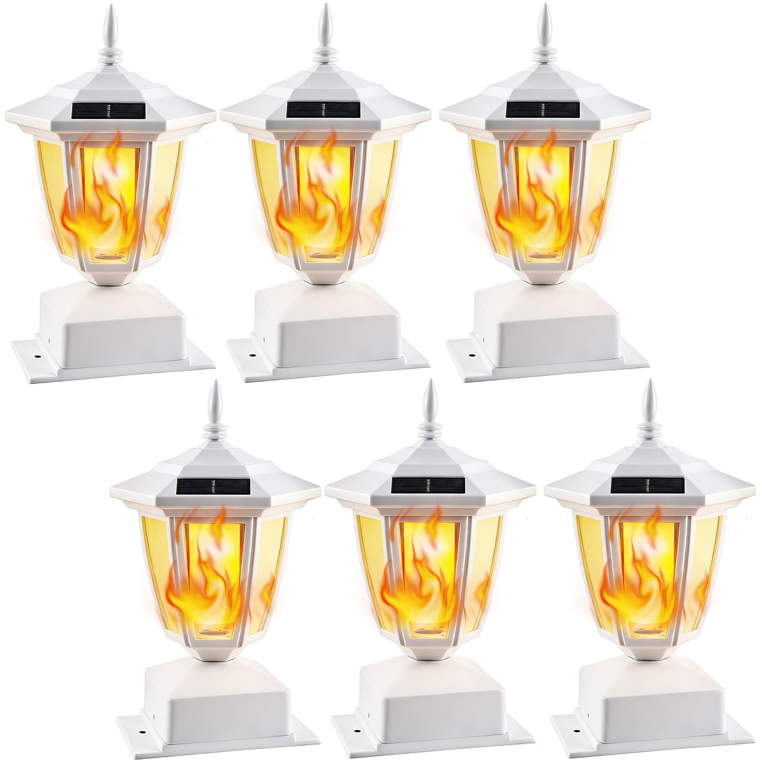 Dynaming 6 Pack Solar Flame Post Lights Outdoor, Solar Powered Lamps Fence Post Cap Lights, Flickering Flame LED Lantern Waterpr