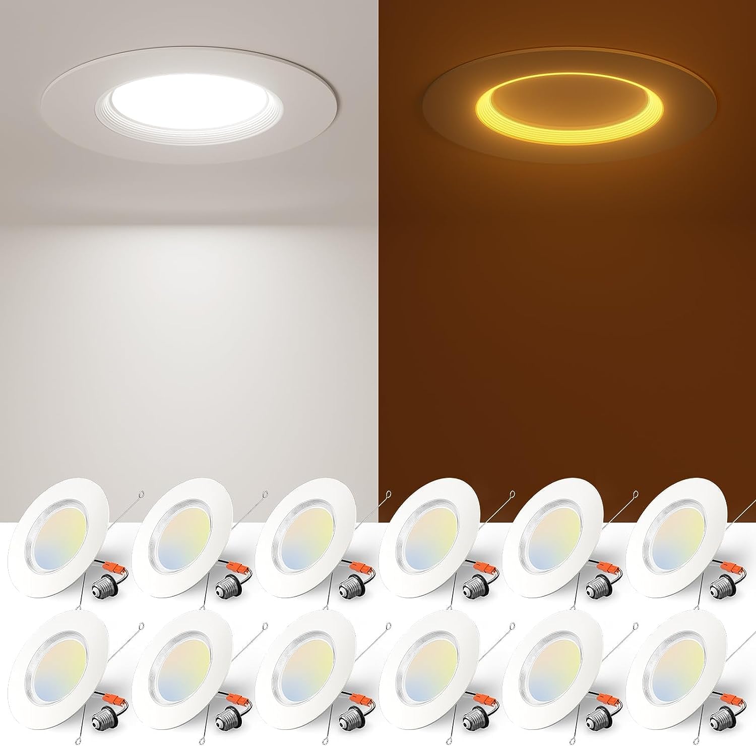 Amico 12 Pack 6 inch 5CCT LED Recessed Lighting with Night Light, 12.5W=100W, 1000LM Can Lights with Baffle Trim, Dimmable, Retr