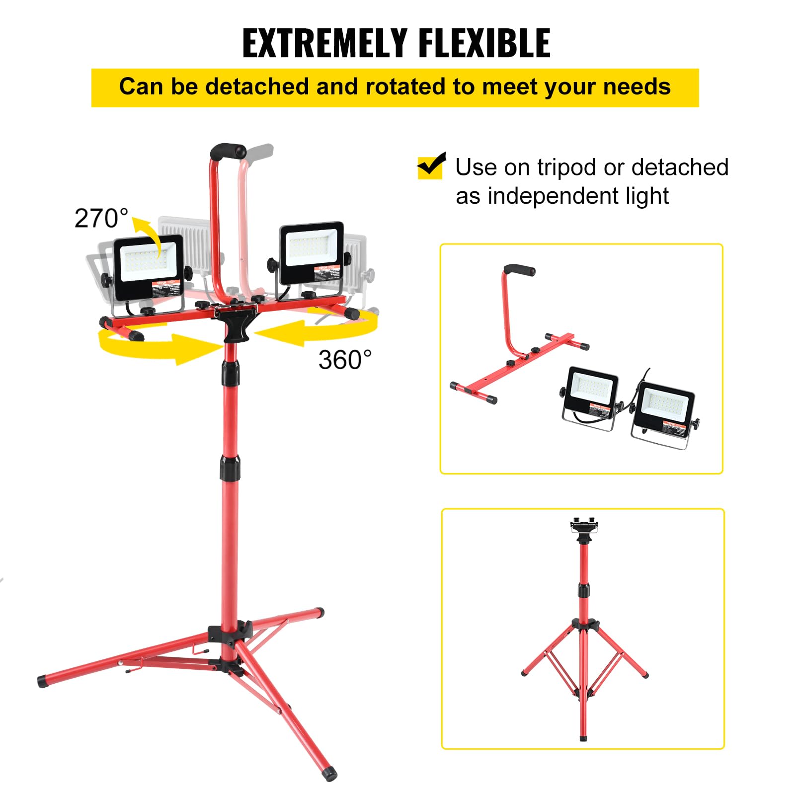 Vevor Led Work Light With Stand, 5000 Lumen Dual-Head Led Work Light With 27.6''-68.1'' Adjustable And Foldable Tripod Stand, Ip
