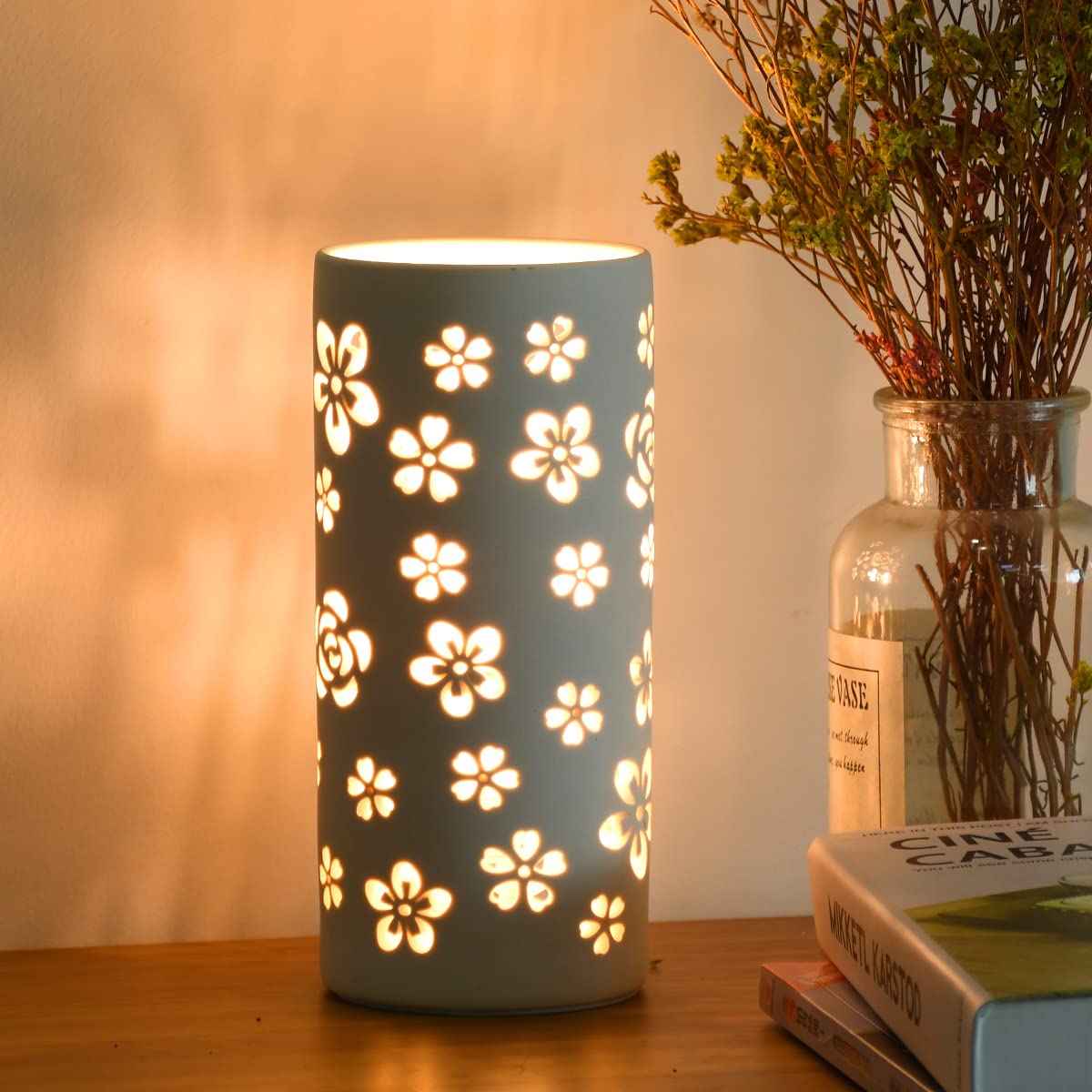 Lampwell Dana Small Modern Ceramic White Table Lamp,3.54H7.87In,Bulb Excluded,Carving Flower