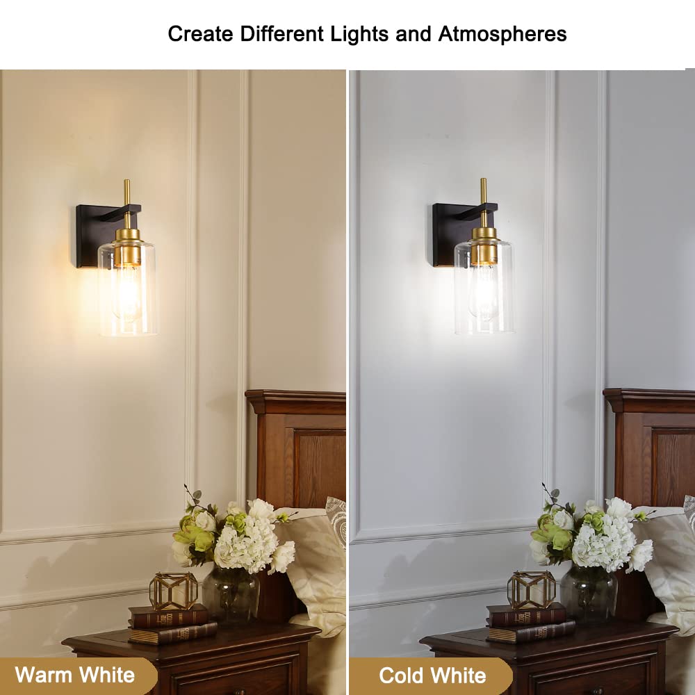 DSMJFU Wall Sconces Set of 2, Modern Glass Lighting, Hardwire, Clear, Black and Gold, Model DX23001Y-B&G