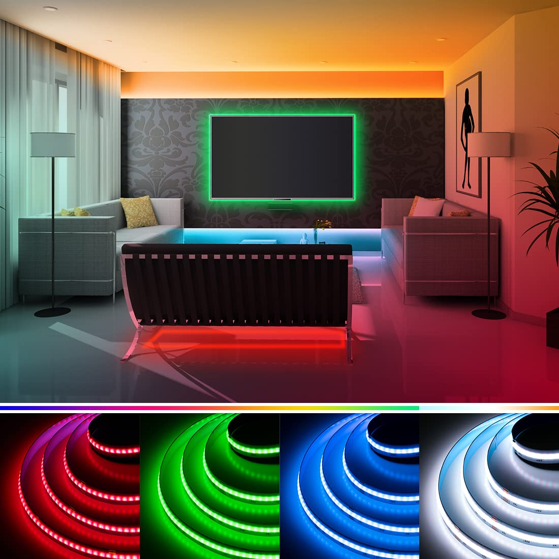 BTF-LIGHTING FCOB COB LED Strip 16.4FT DC24V RGB+Cool White 896LED/m Flexible Lighting for Indoor Decoration