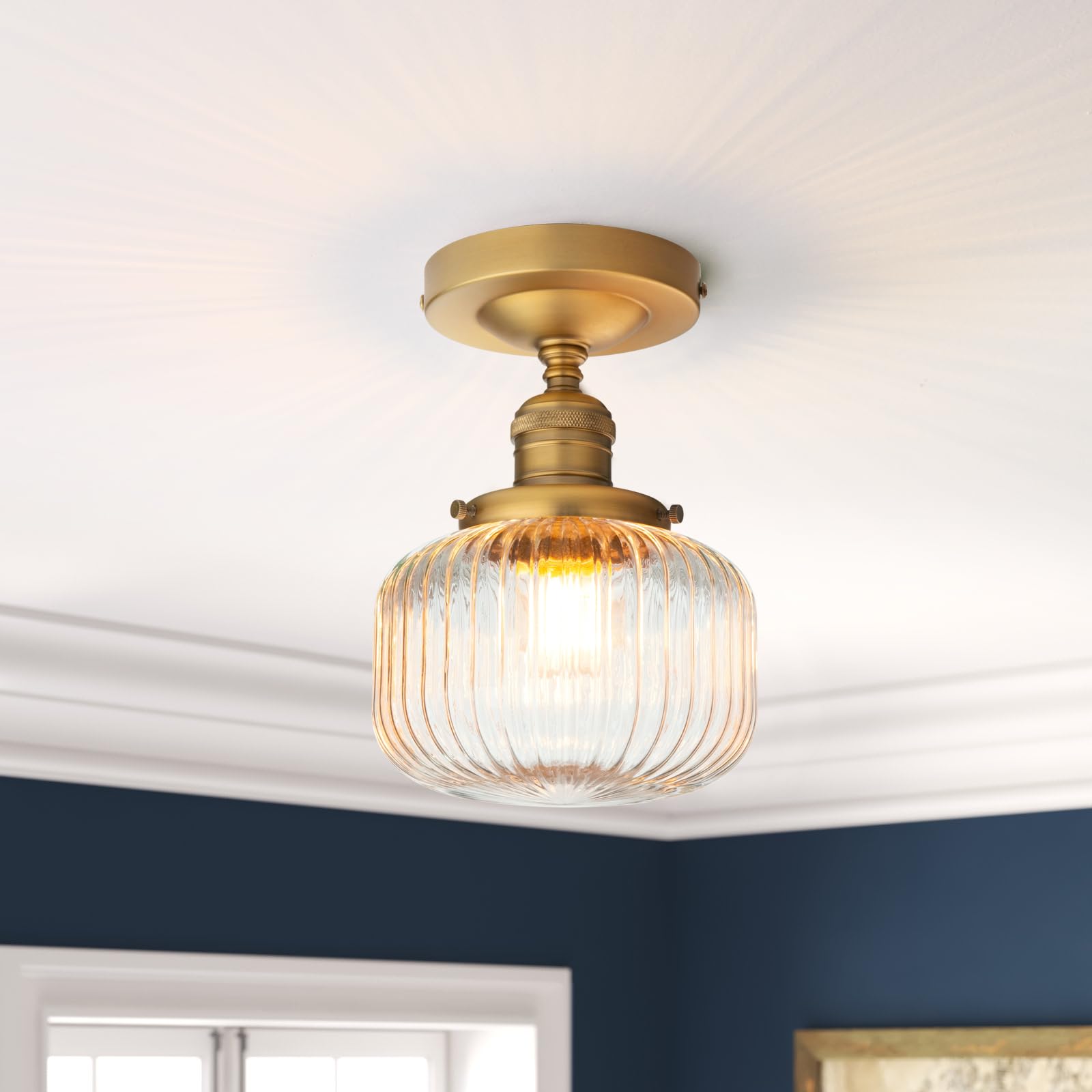 Permo Modern Small Semi Flush Mount Ceiling Light Glass Ceiling Lights Hallway Fixtures With Flate Ribbed Glass Lampshade, 1-Lig