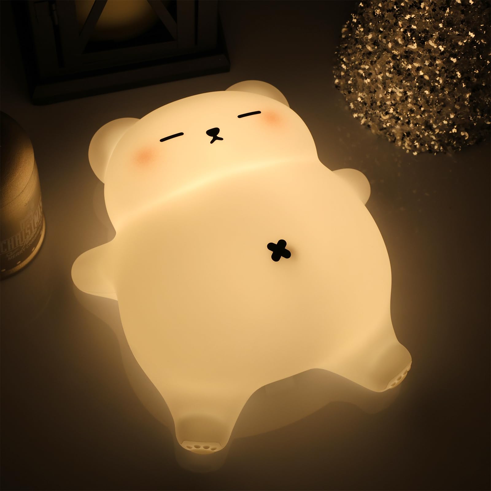 MAGOHMT Squishy Night Light for Kids, Bear Silicone Night Light - Rechargeable with Soothing Snore Sounds & Moving Tummy, 3-Leve