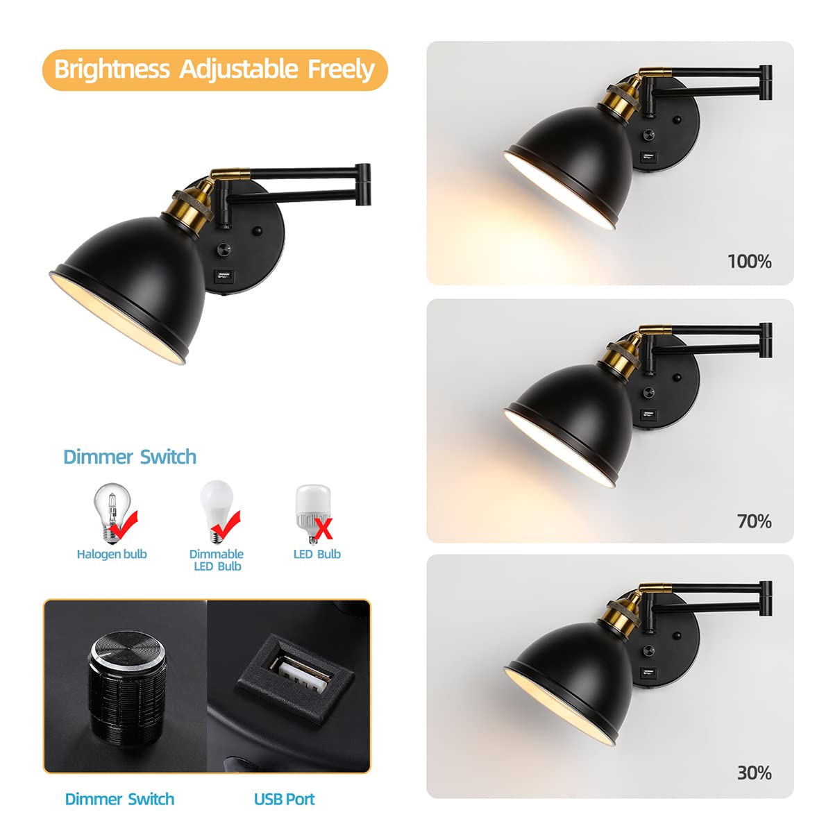 Swing Arm Wall Sconces, Plug-In Wall Lamp,Bedroom Wall Lamp , White Fabric Shade,,With Dimmable Switch And Usb Charging Port, Su