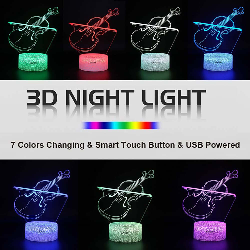 LLUUKK Violin Fiddle 3D Night Light Desk Lamp - 7 Color Touch, USB, Acrylic, White, Model luk020
