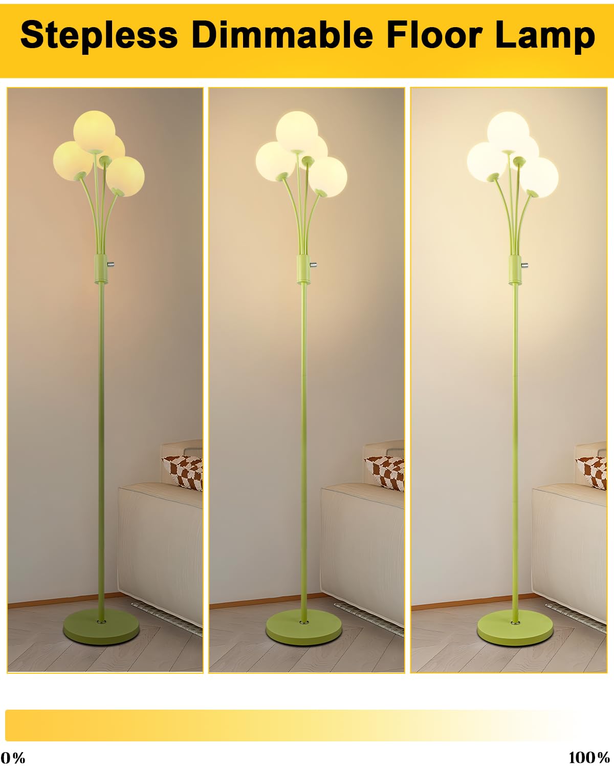 Lightdot 67In Dimmable Globe Floor Lamp 4-Lights Green Standing Lamps With 4Pcs 3000K G9 Bulbs Soft Warm White Mid Century Moder