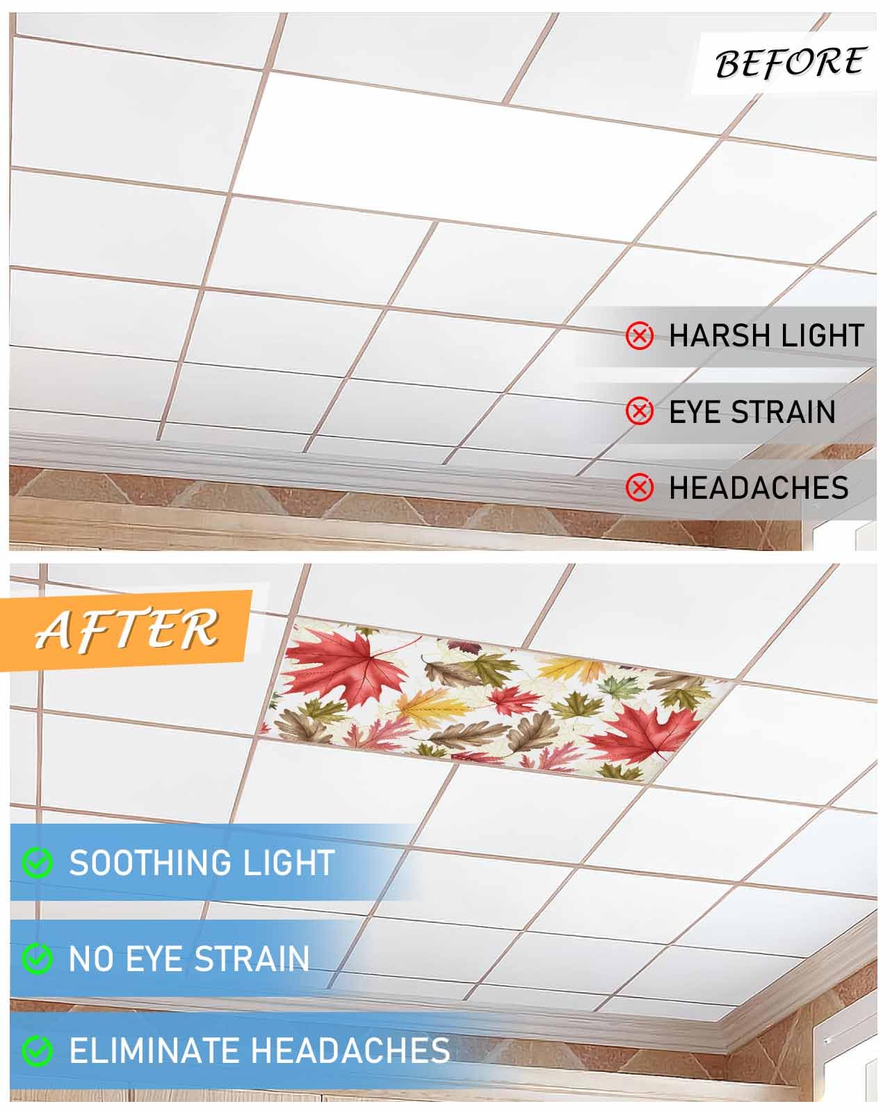 Fall Fluorescent Light Covers For Ceiling Lights Autumn Maple Leaves Magnetic Light Filters 2 Pack 4X2 Ft Orange Maple Leaf Thanksgiving Ceiling Lights Cover For Classroom Office School Drop Lamp