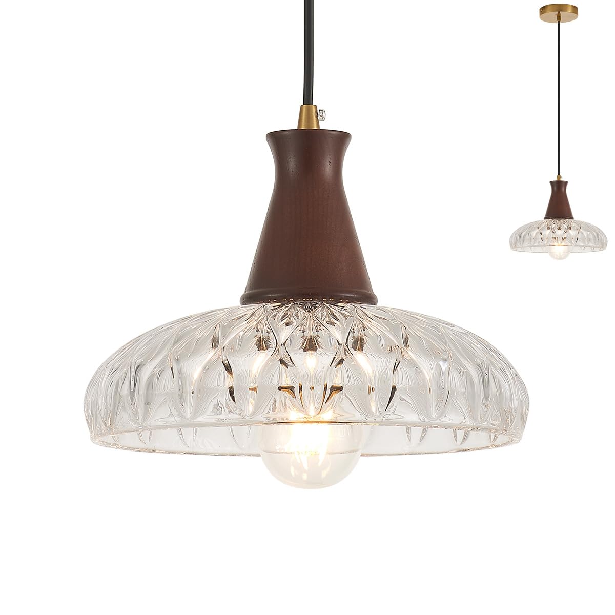 YLONG-ZS Glass Pendant Lights Kitchen Island Modern Kitchen Hanging Pendant Ceiling Light Vintage Walnut Wood Hanging Lamp for Bedroom Living Room Dining Room Restaurant Coffee Shop