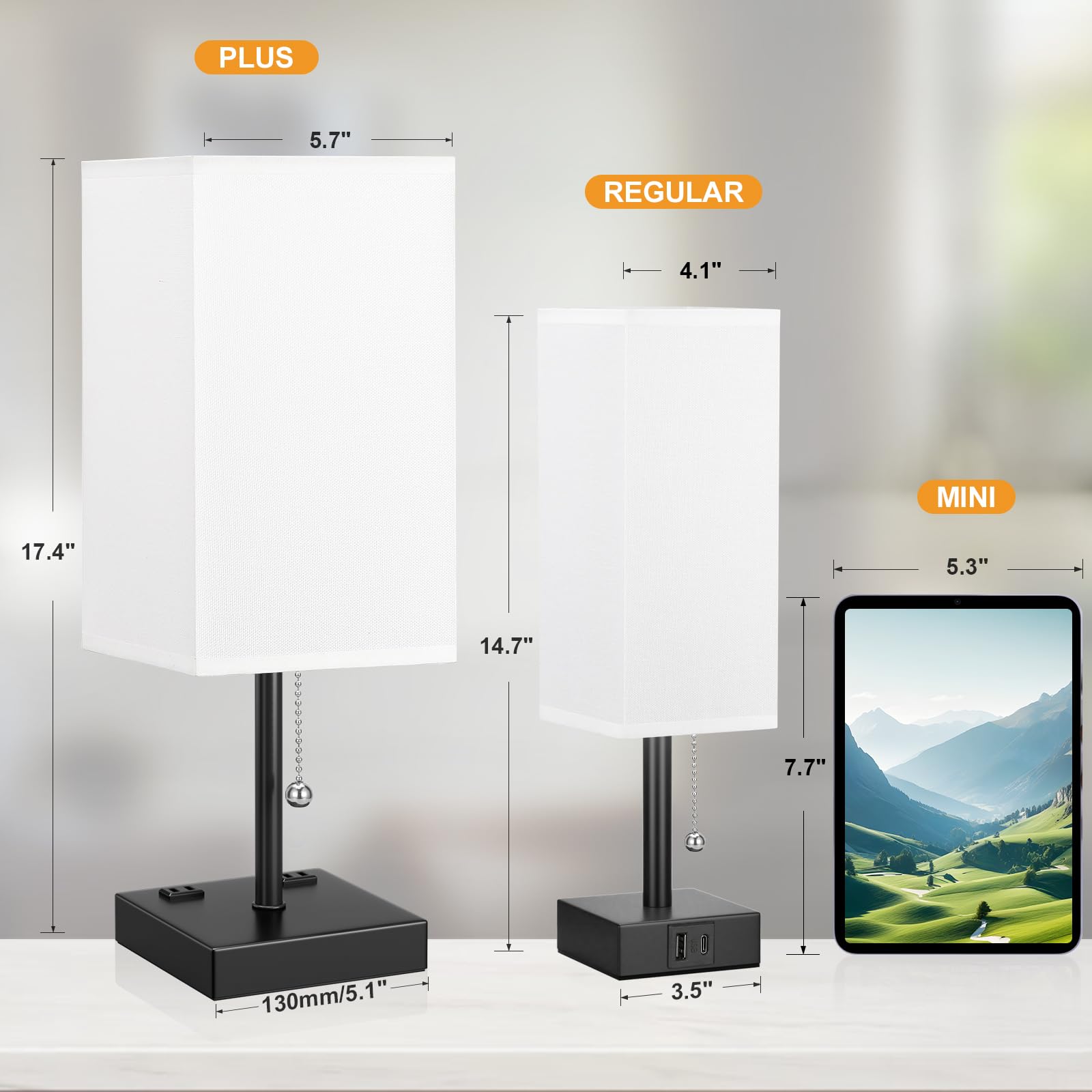 aooshine White Table Lamp - 3 Color Temperatures, USB & AC Ports, 17.4in, Plastic, Model 10-15-15