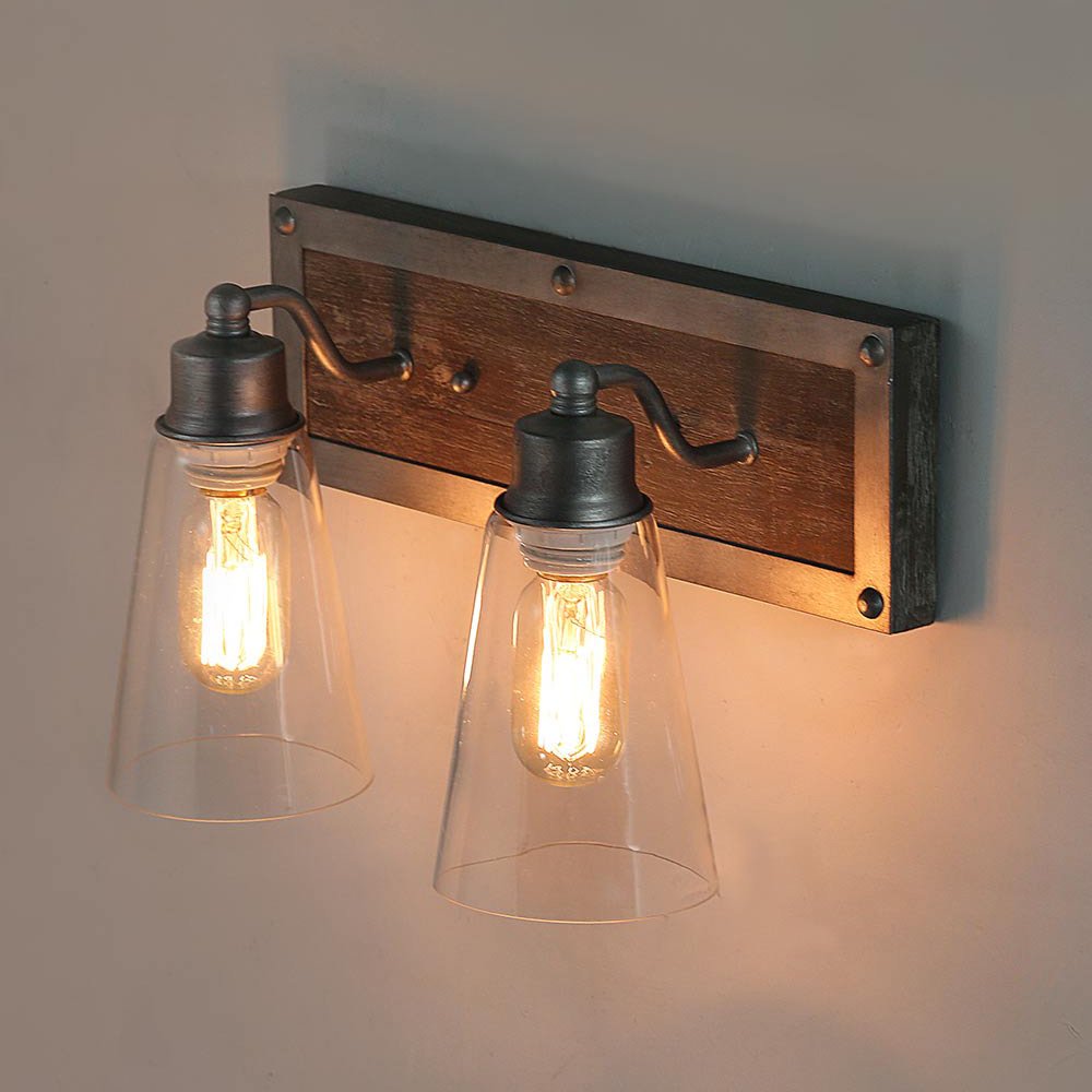 LOG BARN 2 Lights Bathroom Vanity Fixture, Distressed Wood & Brushed Antique Silver, Cone Glass Shades, 14.1in Farmhouse Design
