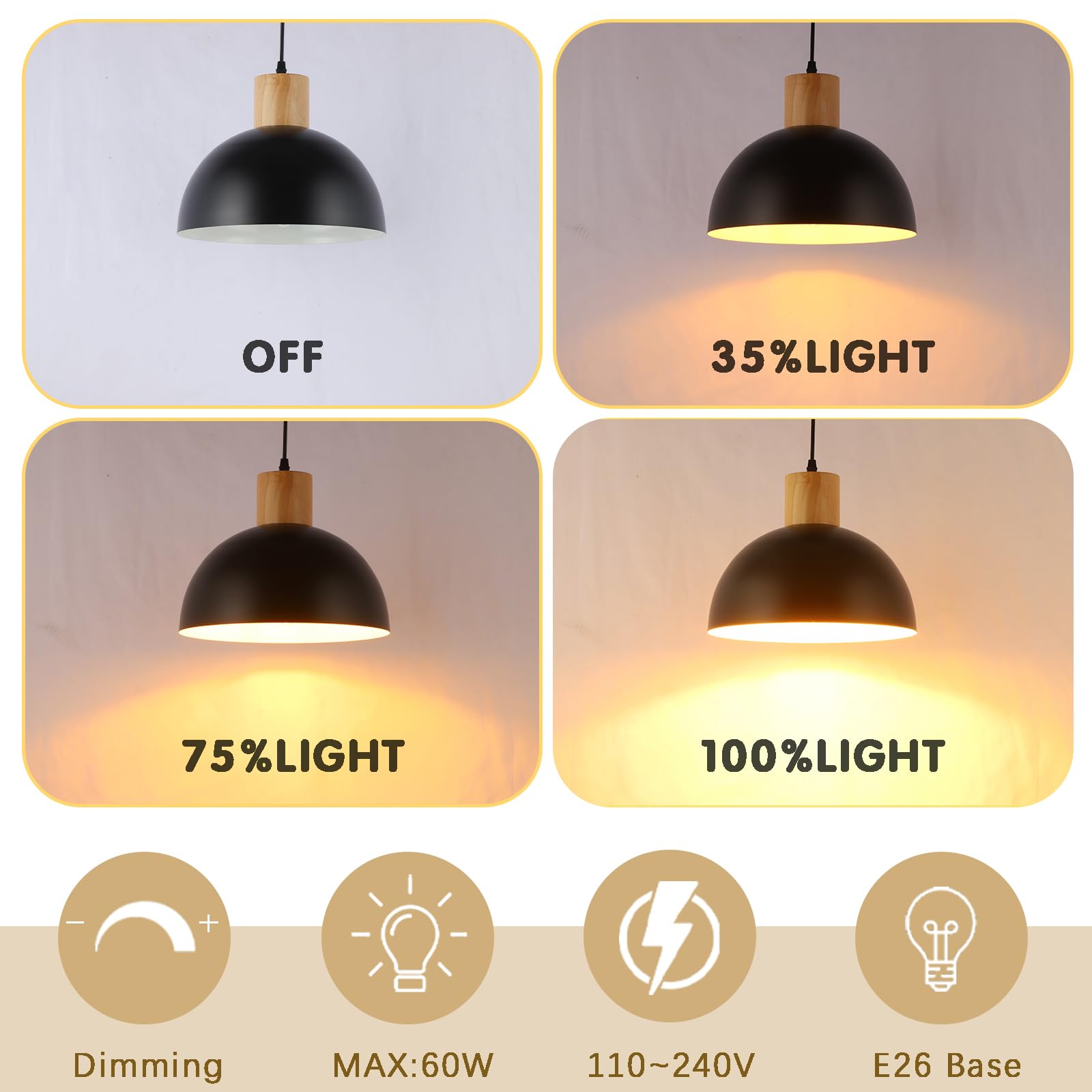 Qianzhan Black Solid Wood Pendant Light, 11.8'' Dome Pendant Lights Fixtures Adjustable Modern Hanging Lighting,For Kitchen Isla