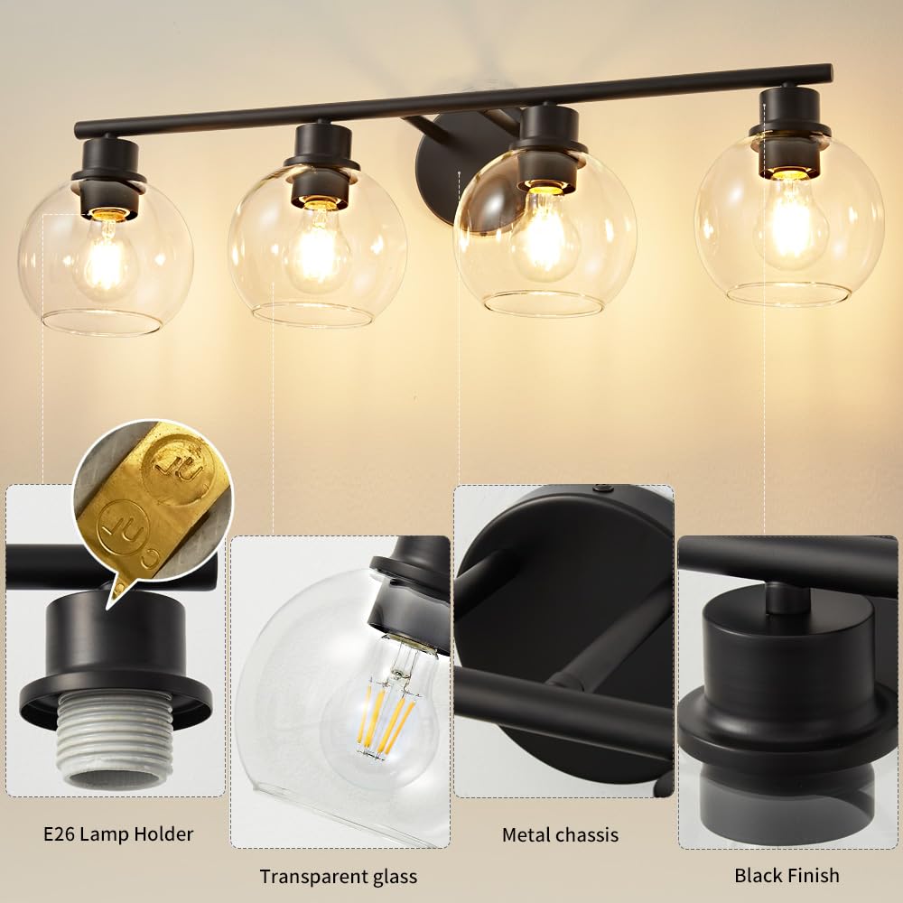 Lanmate Bathroom Vanity Light 4-Lights Black Metal with Clear Glass Shade 29.5 inch Model L1746