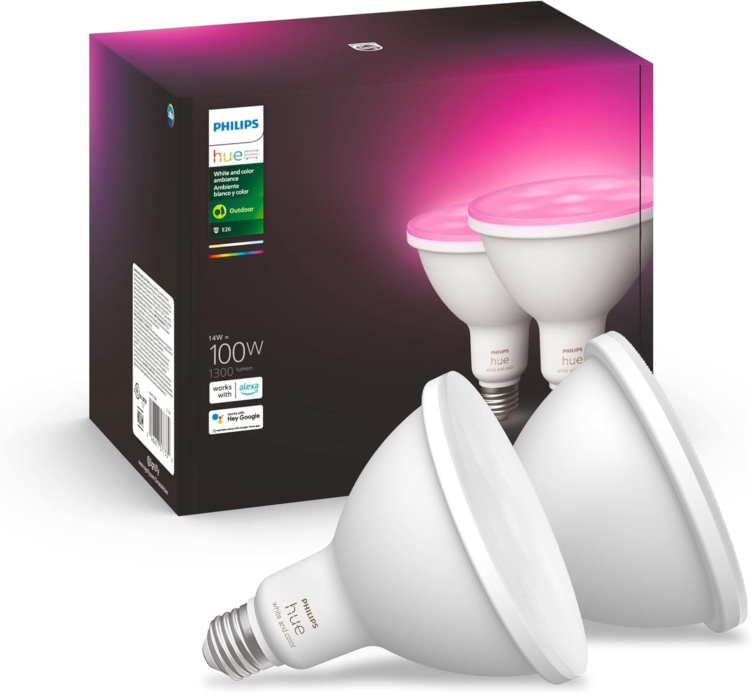 Philips Hue Smart 100W Par38 Led Bulb - White And Color Ambiance Color-Changing Light - 2 Pack - 1300Lm - E26 - Outdoor - Contro