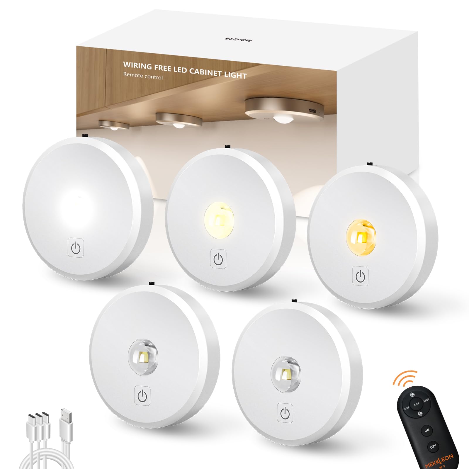 MICLIONLED Puck Lights Cordless with Remote Control, 2200mAh, Dimmable, 5PCS, White, Model M3-GB18