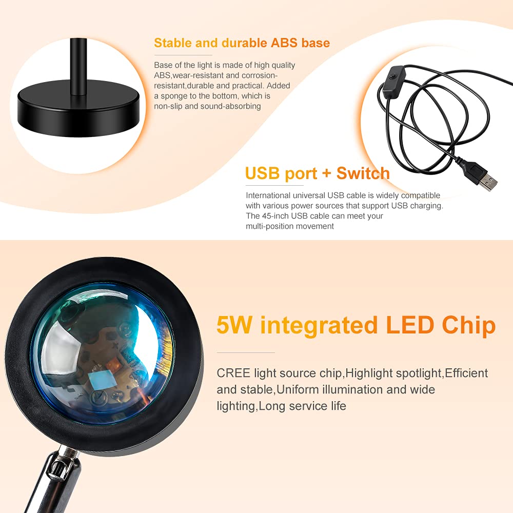 Sidaqi Sunset Projection Lamp 180°Rotation 3W Sunset Projection Lamp With Usb Charge Sunset Night Light Projector For Party Bedroom Decor (Sunset Red)