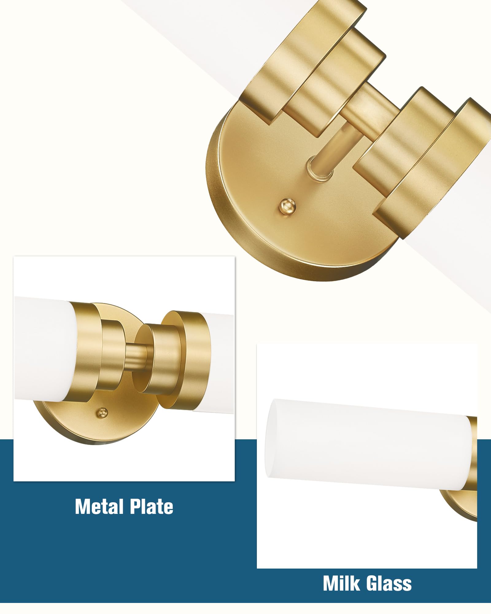 Emak Gold Vanity Lights For Mirror, 2 Light Bathroom Light Fixtures Over Mirror, Modern 22 Inch Wall Sconces With Milk Glass Sha