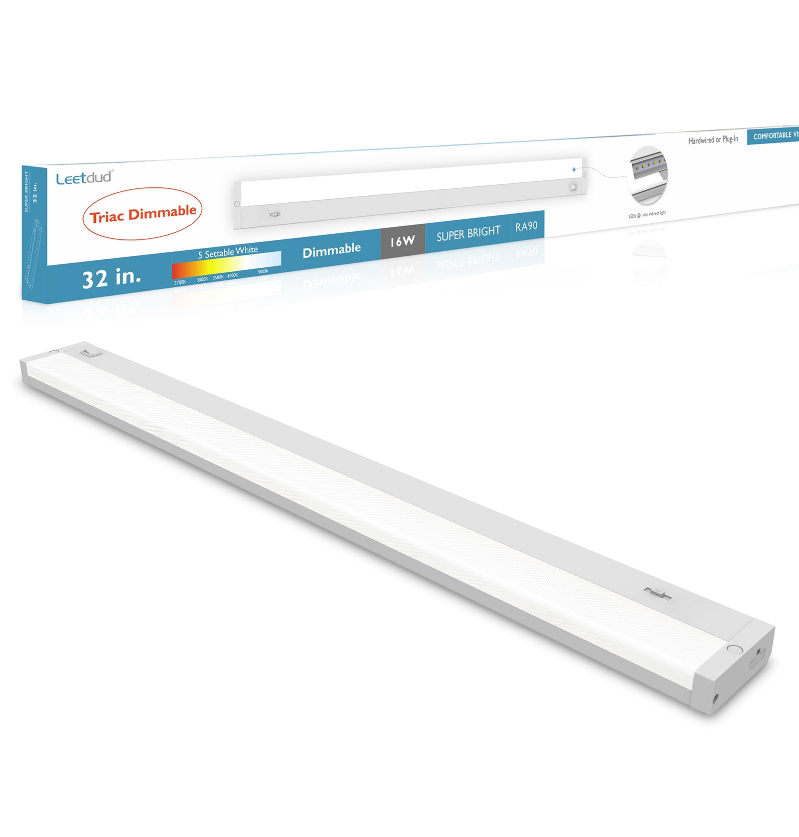 Leetdud LED Under Cabinet Lighting Hardwired or Plug in, 32 Inch 16W, Dimmable 5 Color 2700K/3000K/3500K/4000K/5000K, Linkable E