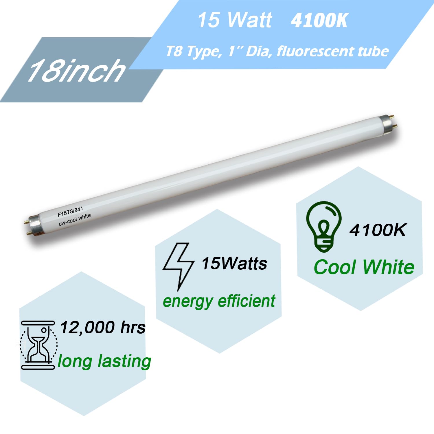 Flyercatch 2Pack F15W-T8-CW Cool White 15W Fluorescent Bulb, T8 Tube 4100K for RV, Plant Lighting, Fish Tank