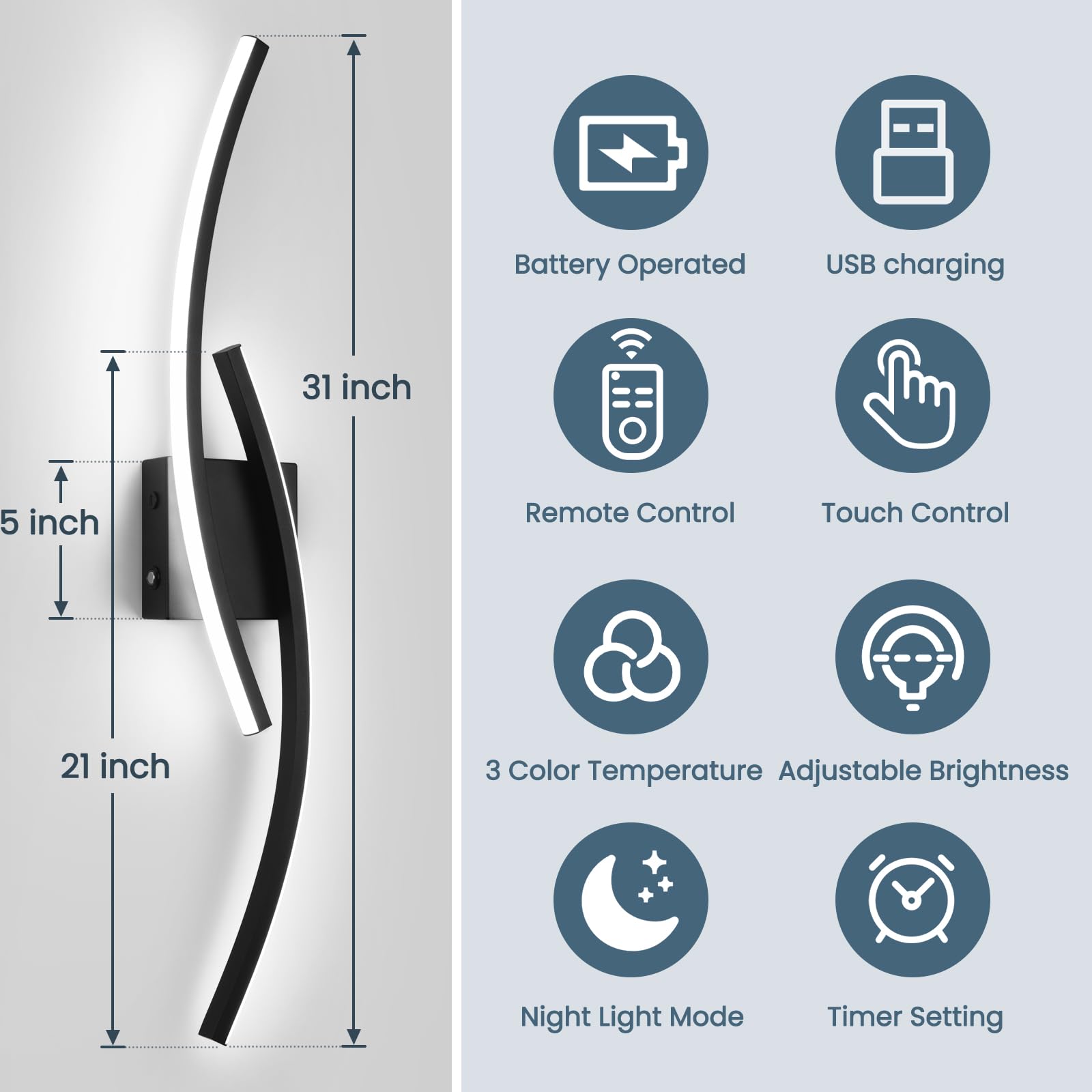 Sovinzert Wall Sconce, 15000mAh Battery Operated, Remote Control, 3000K-6000K LED, Aluminum, Black, 39.3 Inch