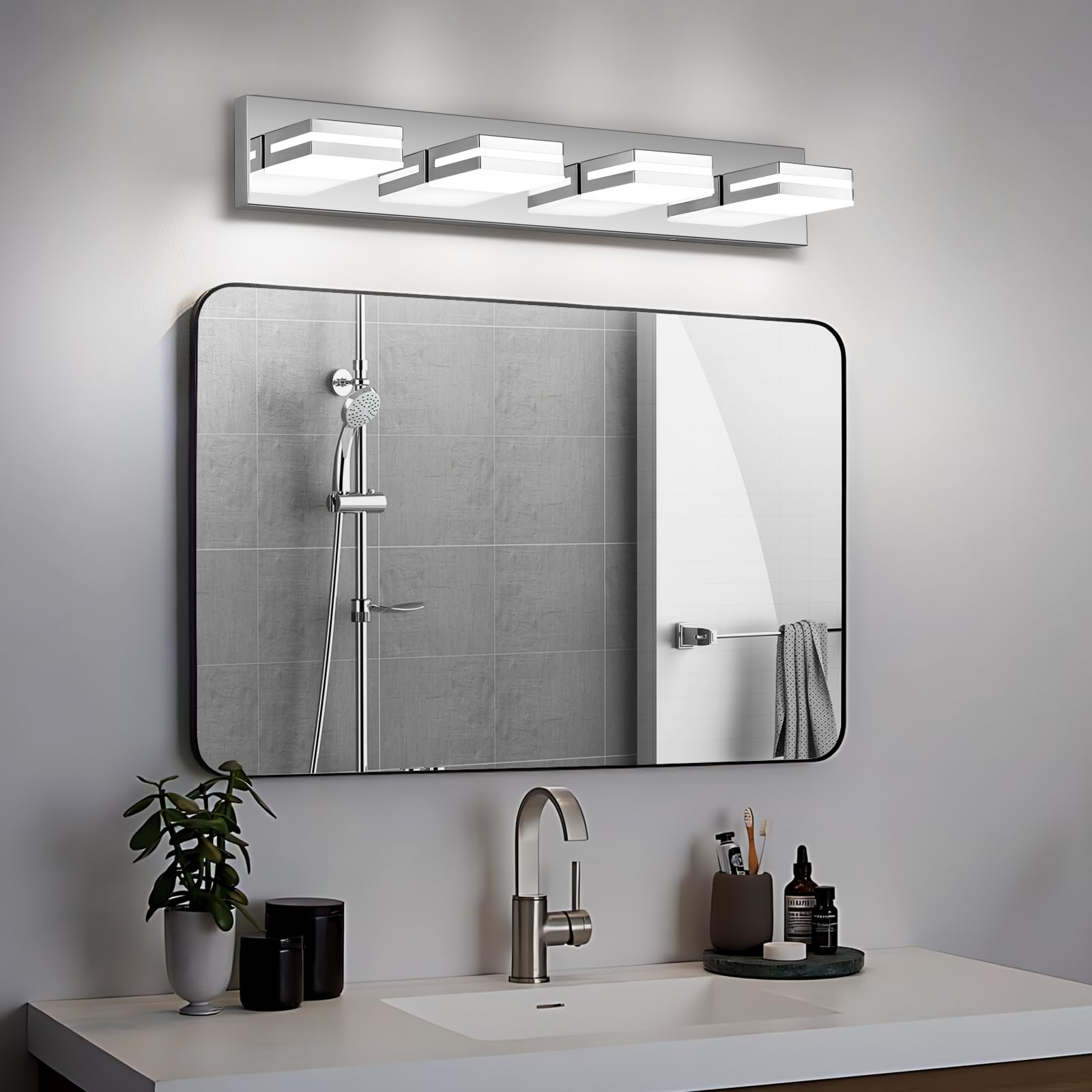 JZEKVN Modern LED Bathroom Vanity Lights, 4-Light Stainless Steel Chrome, 27.17" Acrylic Wall Fixture, Model 202541006, 6000K