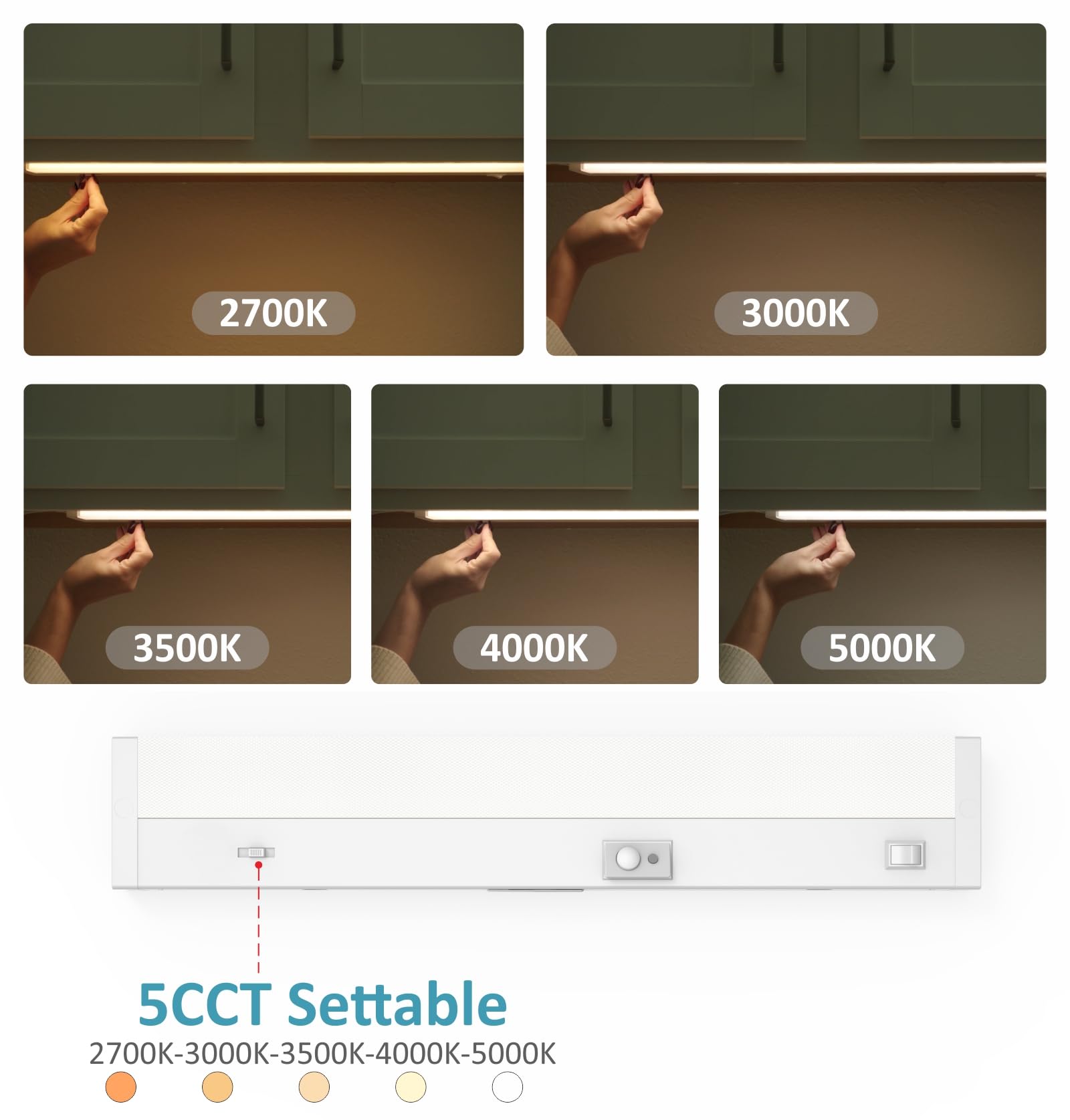 Leetdud Under Cabinet Lighting Motion Sensor Hardwired, 18 Inch 9W Dimmable, 5 Cct 2700/3000/3500/4000/5000K, Eyes Care Design L