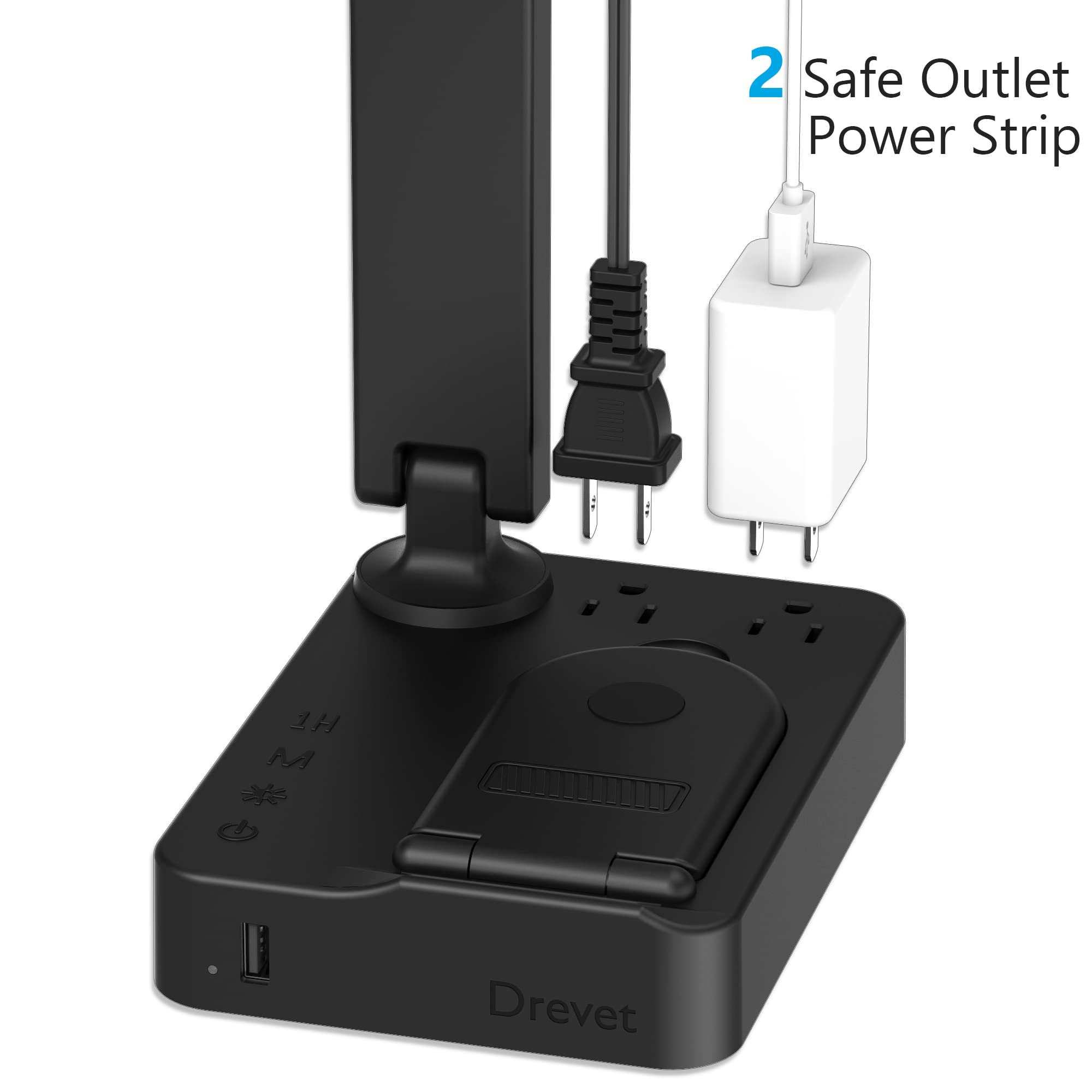 Drevet Led Desk Lamp With Wireless Charger, Desk Table Light With Usb Charging Port And 2 Outlets, 3 Lighting Modes, 3 Level Brightness, 1H Timer, Touch Control, Eye-Caring Home Office Foldable Lamp