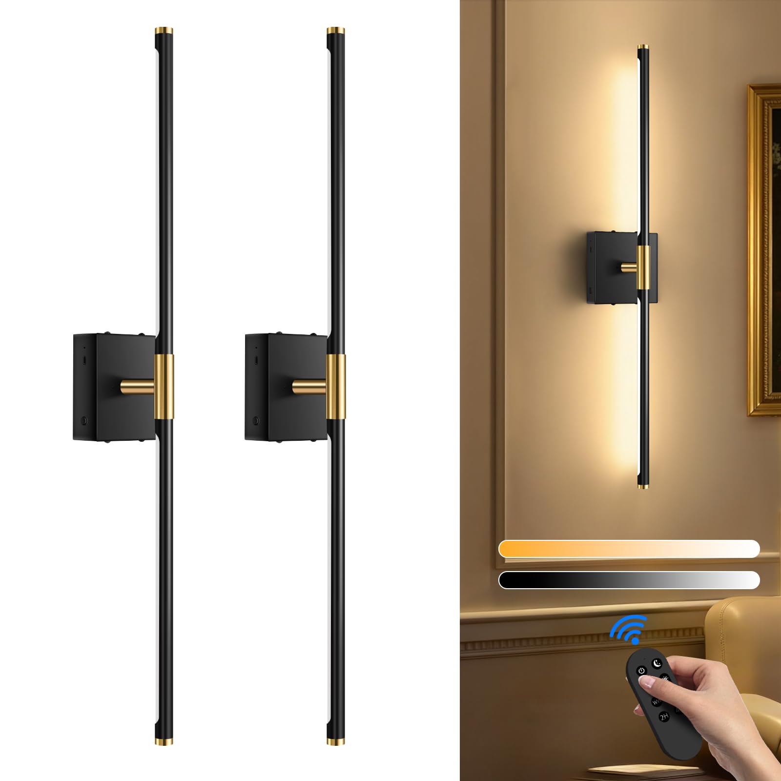 SAIMAND Wall Sconces Set of Two Battery Operated  Wireless USB Rechargeable Wall Lights with Remote  8000mAh Dimmable LED 3 Color Dimmable Living Room for Bedroom Hallway Picture Lamp (30in Black)