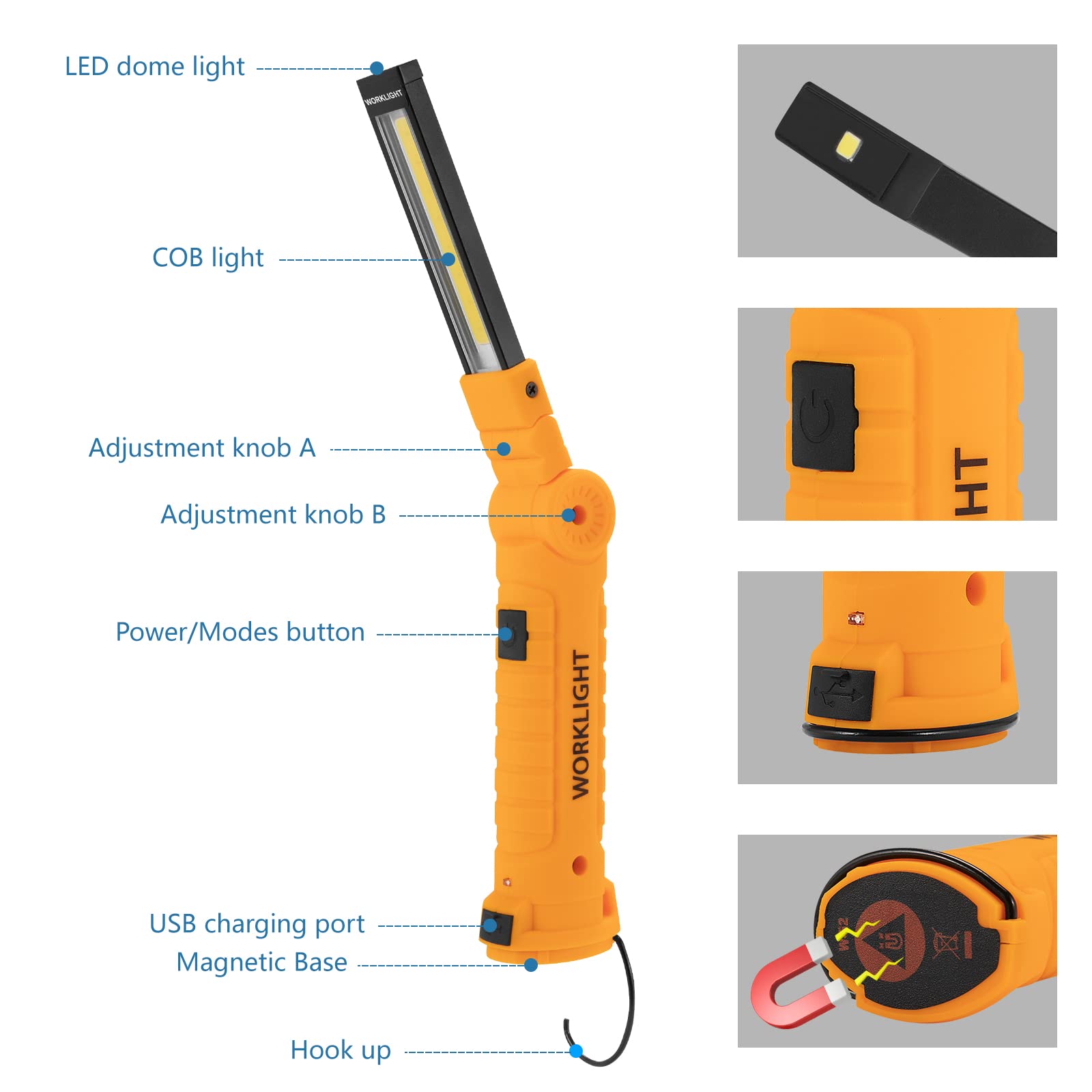 LED Rechargeable Flashlights Work Lights,Vagocom Mechanic Tools Cordless Worklight with Magnetic Base 360Rotate 5 Modes,Portable