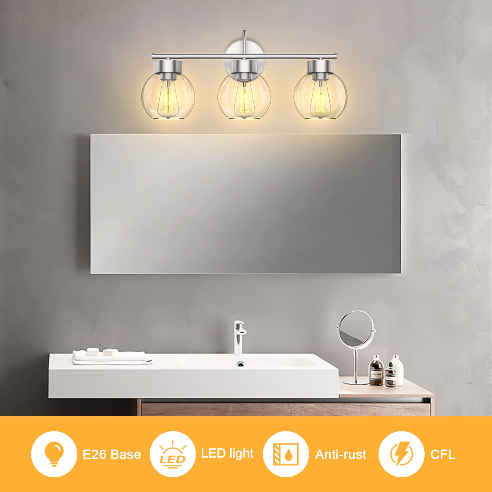 EAPUDUN 3 Light Bathroom Vanity Light, Brushed Nickel, Aluminum, Clear Glass Shade, Model WLA1435-BNK
