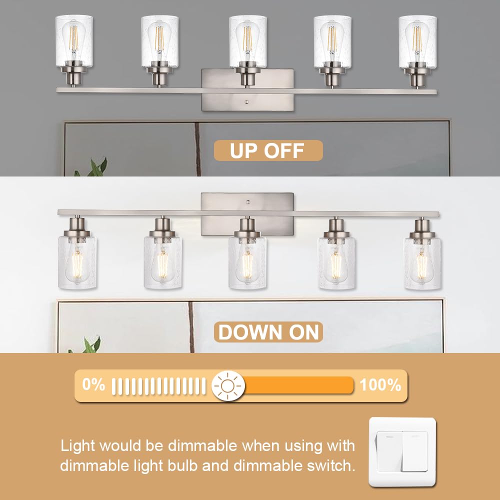 WINSHEN Bathroom Vanity Lighting Fixture, 5-Lights, 40-Inches, Brushed Nickel, Industrial Sconce with Seeded Glass Shades, Model SG-51S-5L
