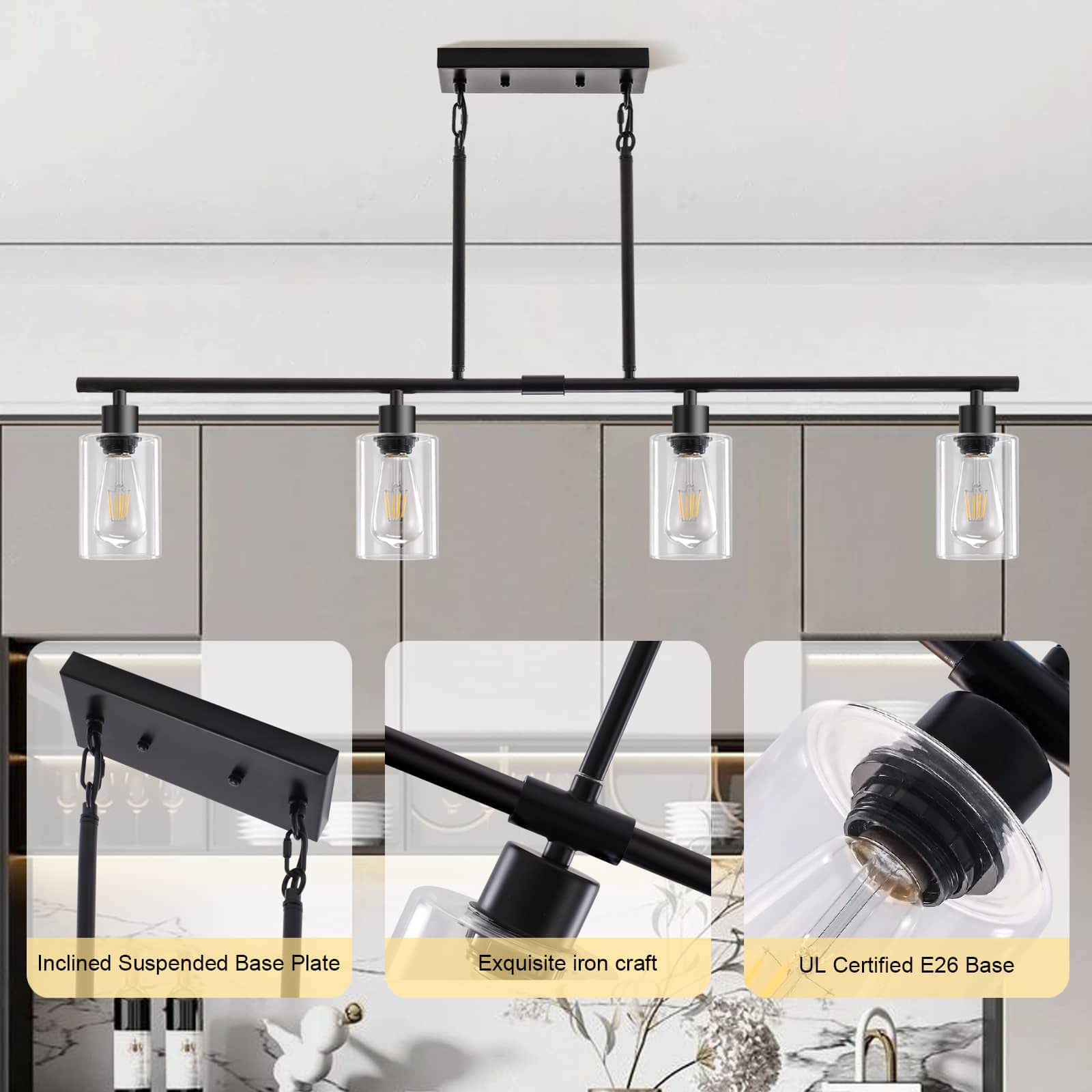 Yarlkav 4-Light Kitchen Island Lighting - Black Metal Linear Chandelier Pendant Light with Glass Shades for Dining Room Farmhouse