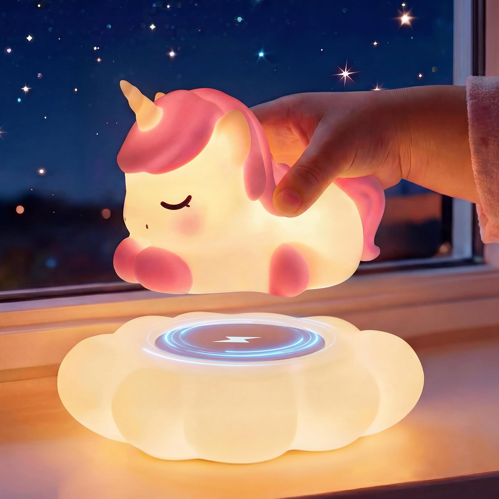 Mewaii Cloud Unicorn Night Light for Kids-Wireless Charging Cloud Base, 3-Level Dimmable 7-Color Changing & 30-Min Timer, Portab
