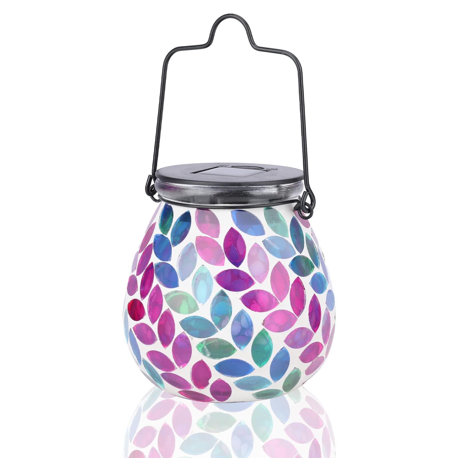 Afirst Mosaic Solar Lantern - Glass Hanging Light, Waterproof Table Lamp for Garden & Patio, Model 4431910B, Leaf Color