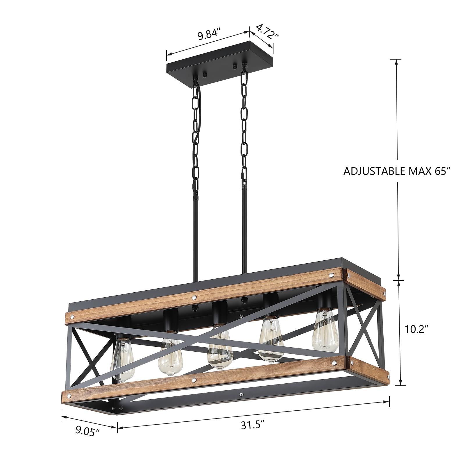 RKUCSR Rustic Farmhouse 5-Light Pendant Chandelier, Adjustable Chain, Black Oak Wood, Large, Model 6713-5 for Kitchen Island or Dining Room