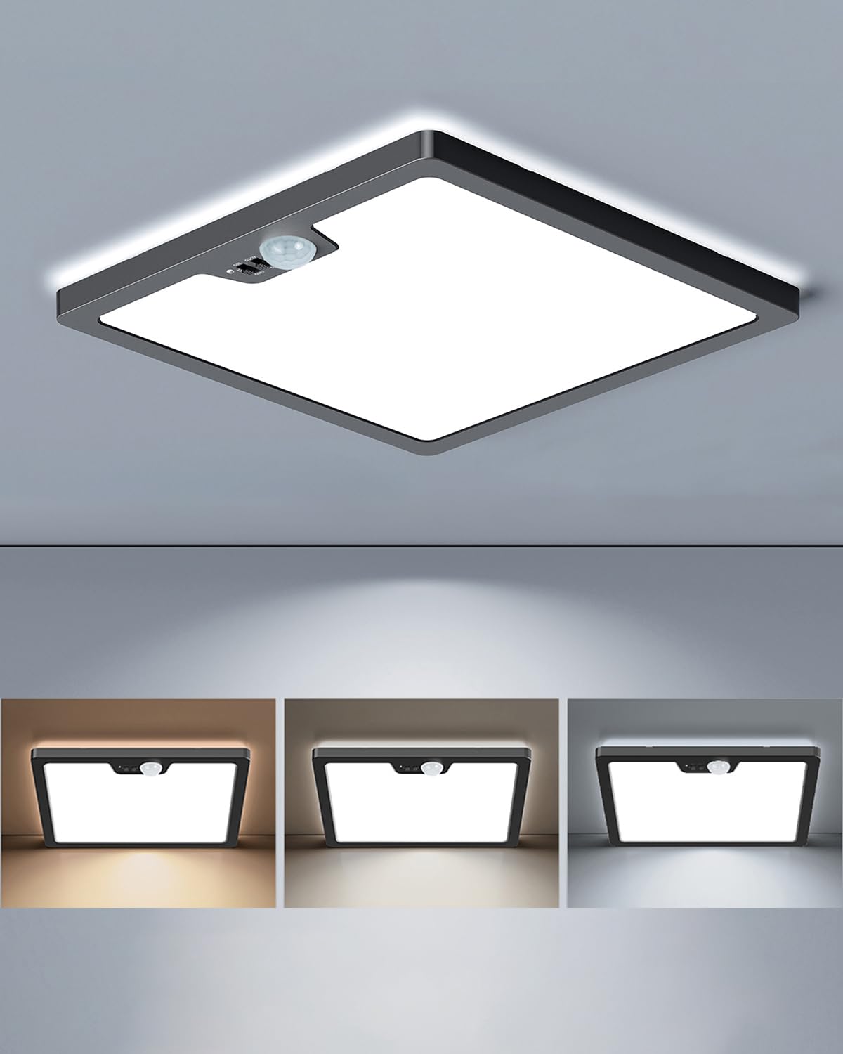 Annaror Motion Sensor Ceiling Light, 3000K-5000K Selectable, 24W, 12 Inch, Black, Model LS-CL-I24W-M-C