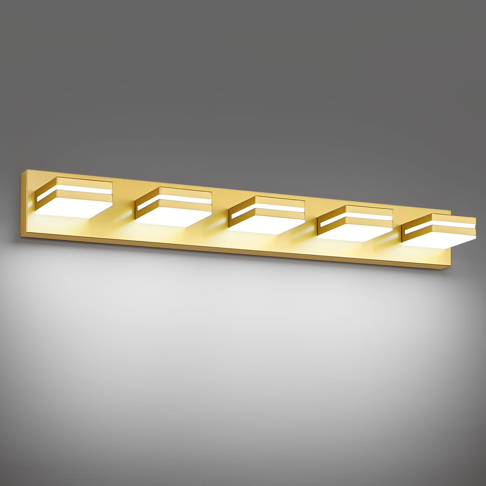 JZEKVN Modern LED Bathroom Lights Fixtures(5-Light) Metal Gold Acrylic Wall Lighting Vanity Lights for Bathroom Over Mirror(6000k 34In)