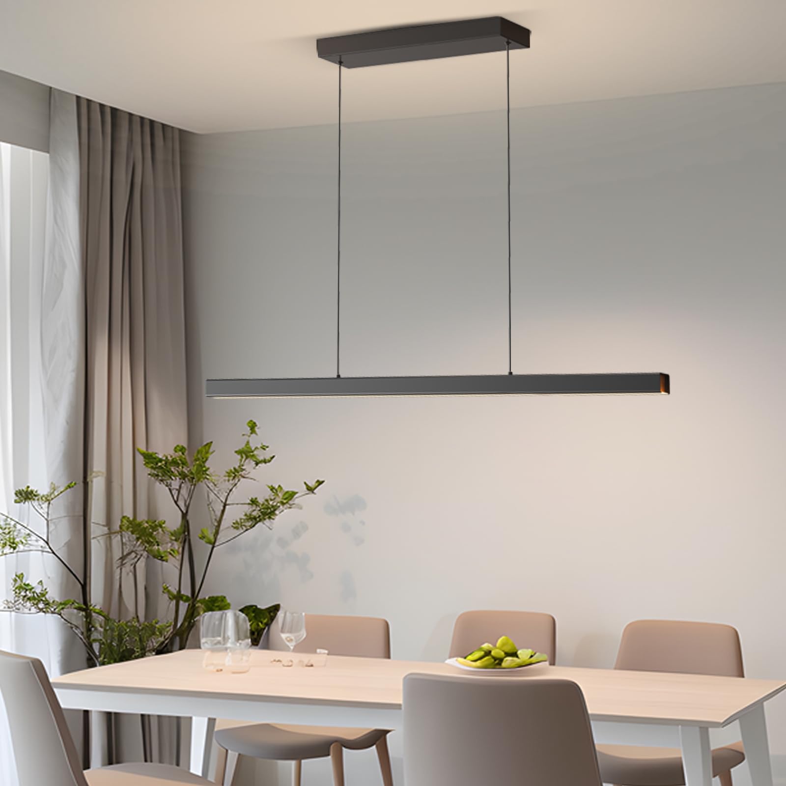 Zihoi Modern LED Black Linear Chandelier, 39in, Adjustable Color Temp 3000K-6000K, Remote Control, Ideal for Kitchen and Dining Room