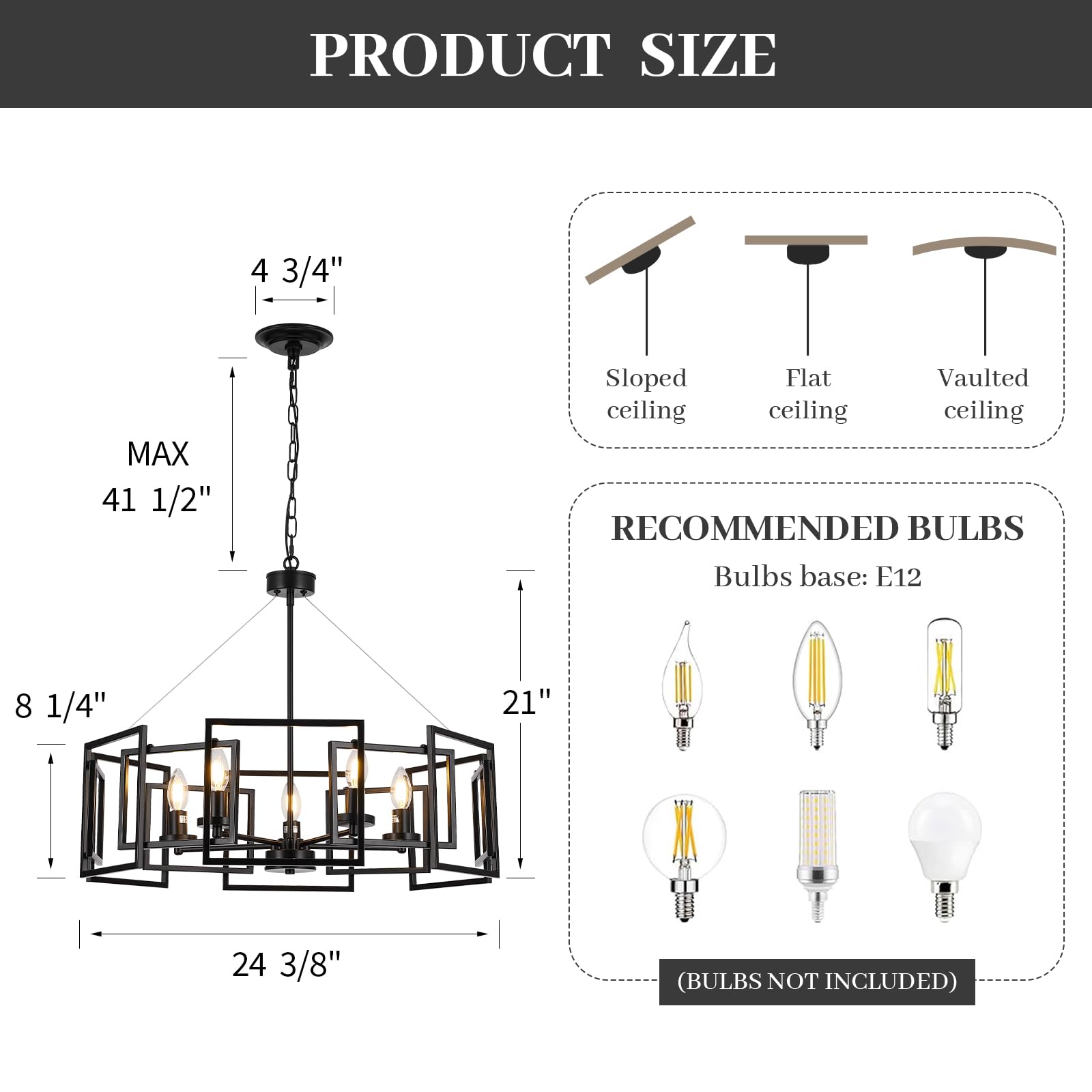 5-Light Black Geometric Chandelier,Height Adjustable Industrial Chandelier For Dining Room,Modern Farmhouse Chandelier Light Fix