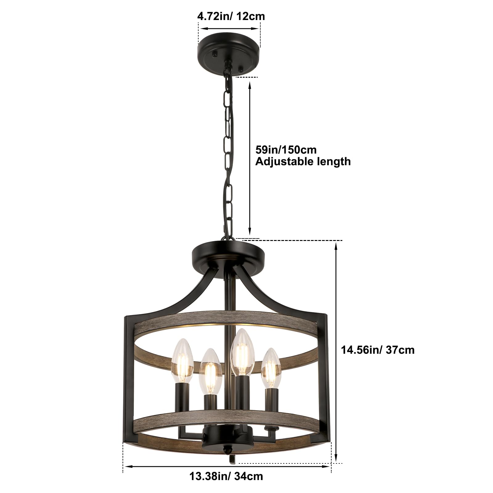 WBinDX 4-Light Farmhouse Chandelier, Rustic Metal Pendant Light, Black Faux Wood, Model WB128S-4BW, Ideal for Dining Room & Entryway